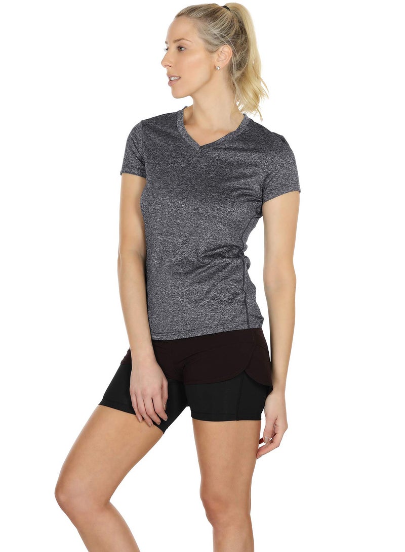 icyzone Workout Shirts Yoga Tops Activewear V-Neck T-Shirts for Women Running Fitness Sports Short Sleeve Tees (XXL, Charcoal/Red Bud/Pink) - Image 2